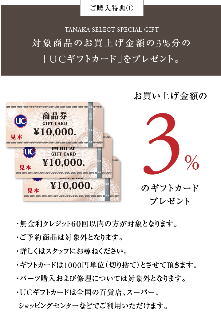 対象商品のお買上げ金額の3％分の「ギフトカード」をプレゼント。
